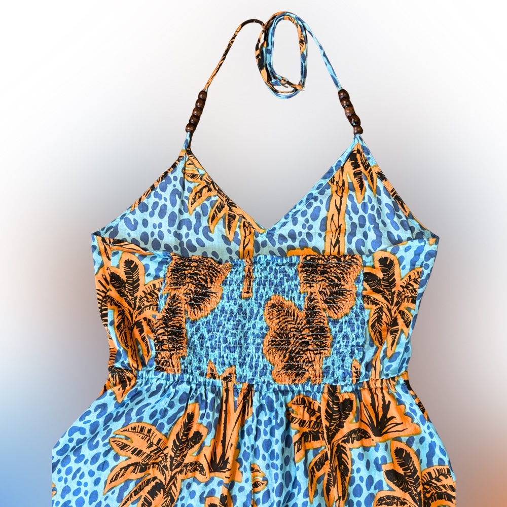 True Destinations Halter Maxi Dress Medium Resort Tropical Cotton Vacation Beads - Picture 6 of 15